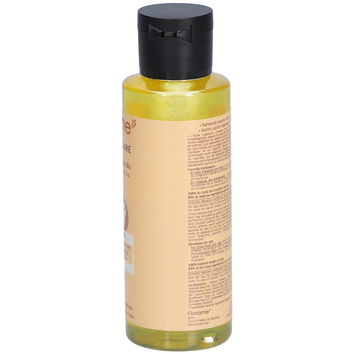 Rückseite der Haaröl-Flasche. Text. Aufschrift: Florame, Huile Capillaire, aux Huiles Essentielles Bio, Cheveux Secs, Dry Hair.