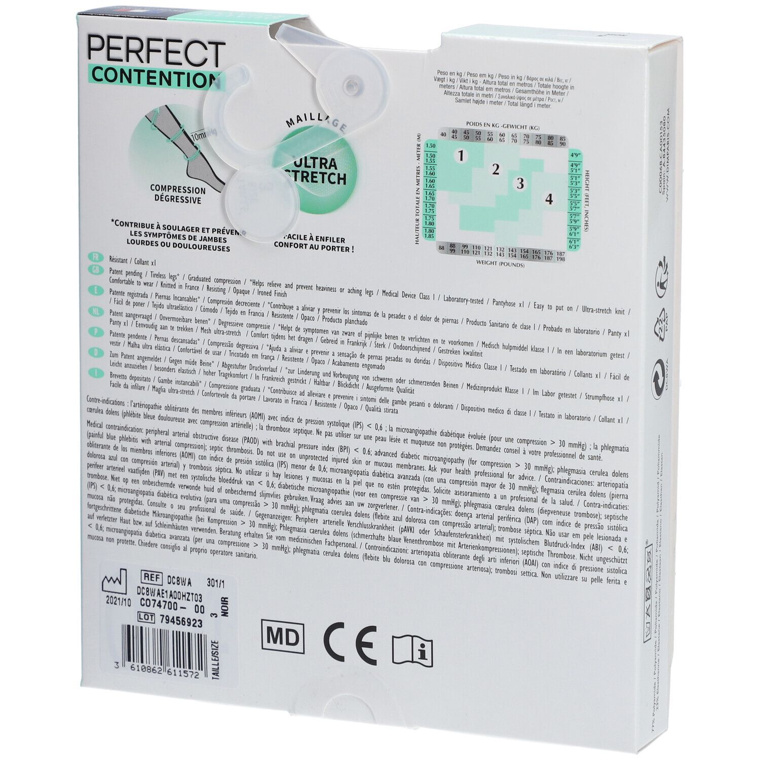 Dos de la boîte de collants DIM PERFECT CONTENTION. Informations produit, Ultra Stretch, classe médicale 1.