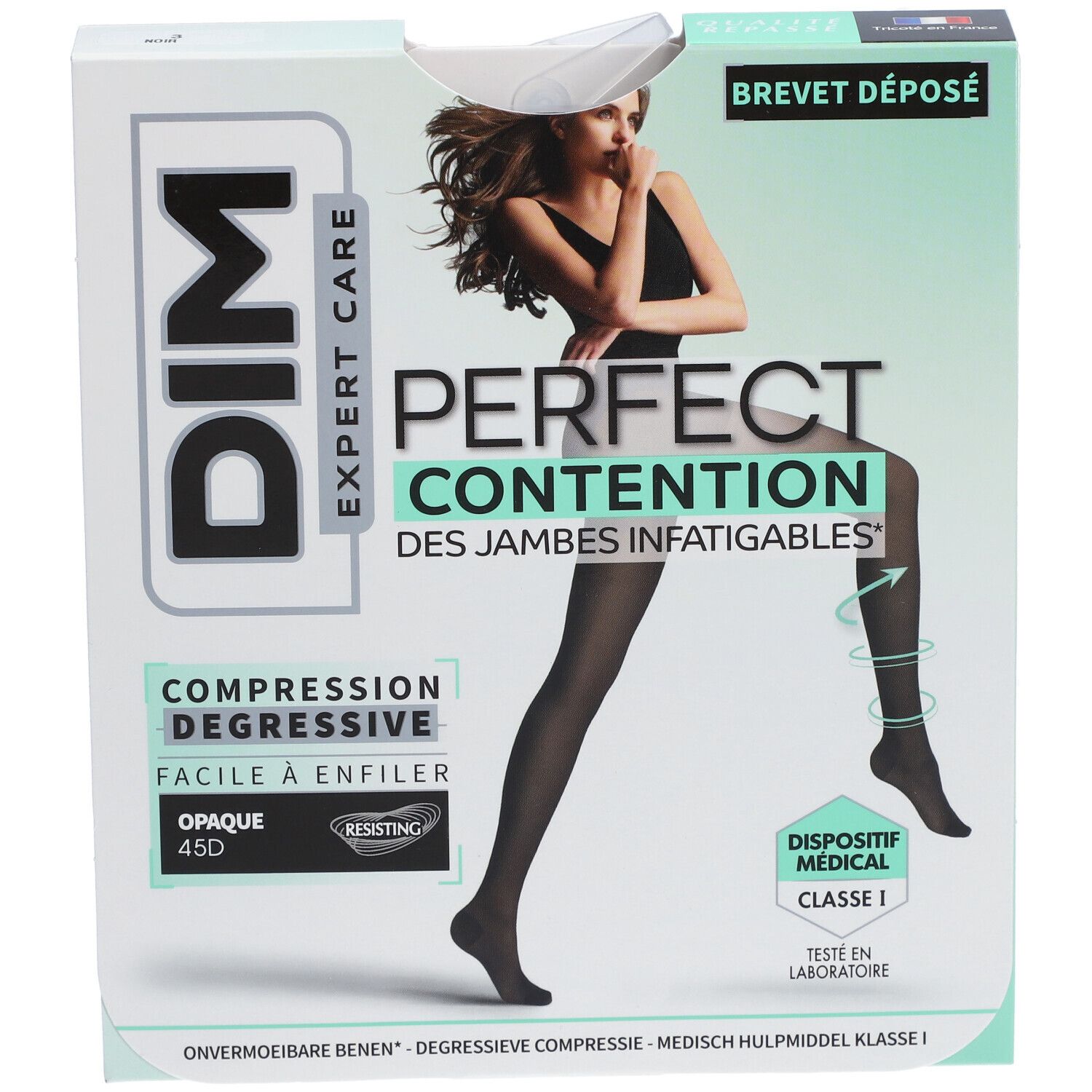 Boîte de collants DIM PERFECT CONTENTION. Opaque 45D, dispositif médical classe 1. Noir, femme en collants.