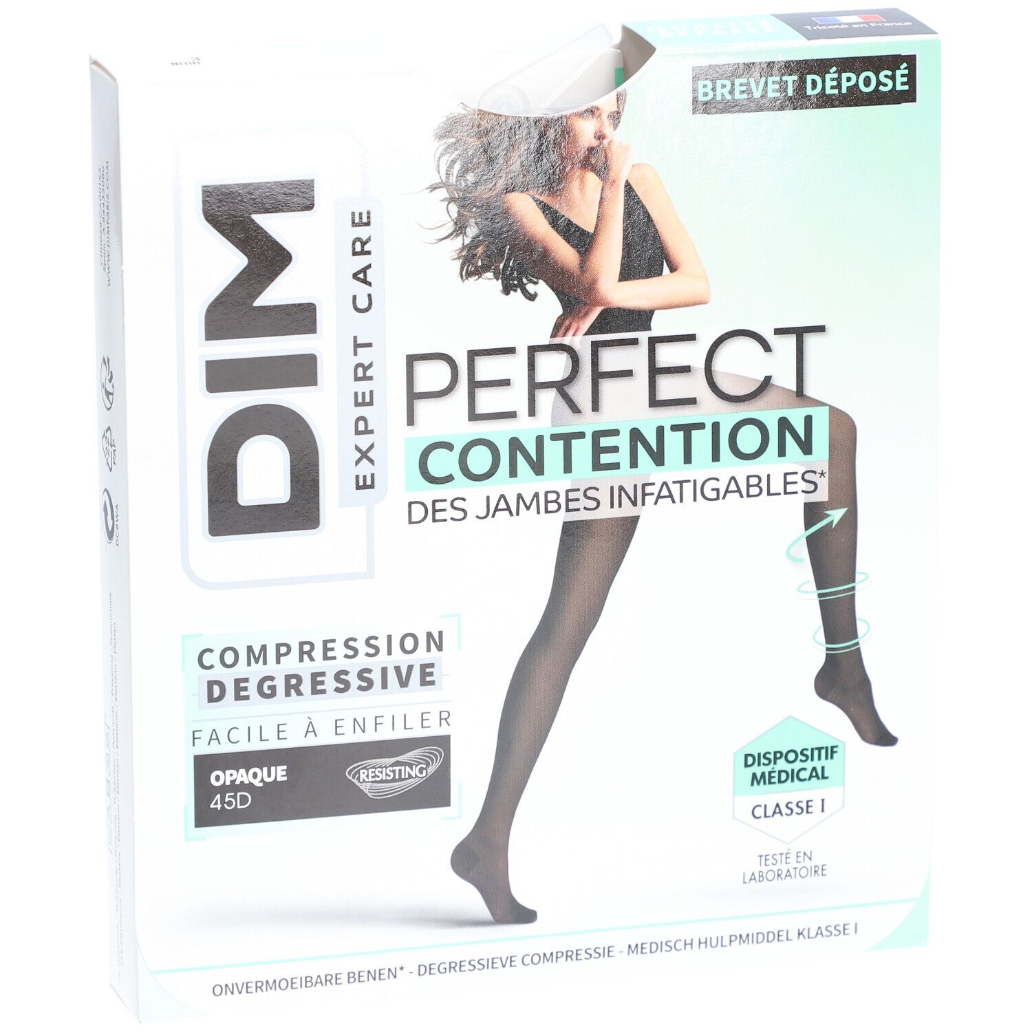 Boîte de collants DIM PERFECT CONTENTION. Opaque 45D, dispositif médical classe 1. Noir, femme en collants.