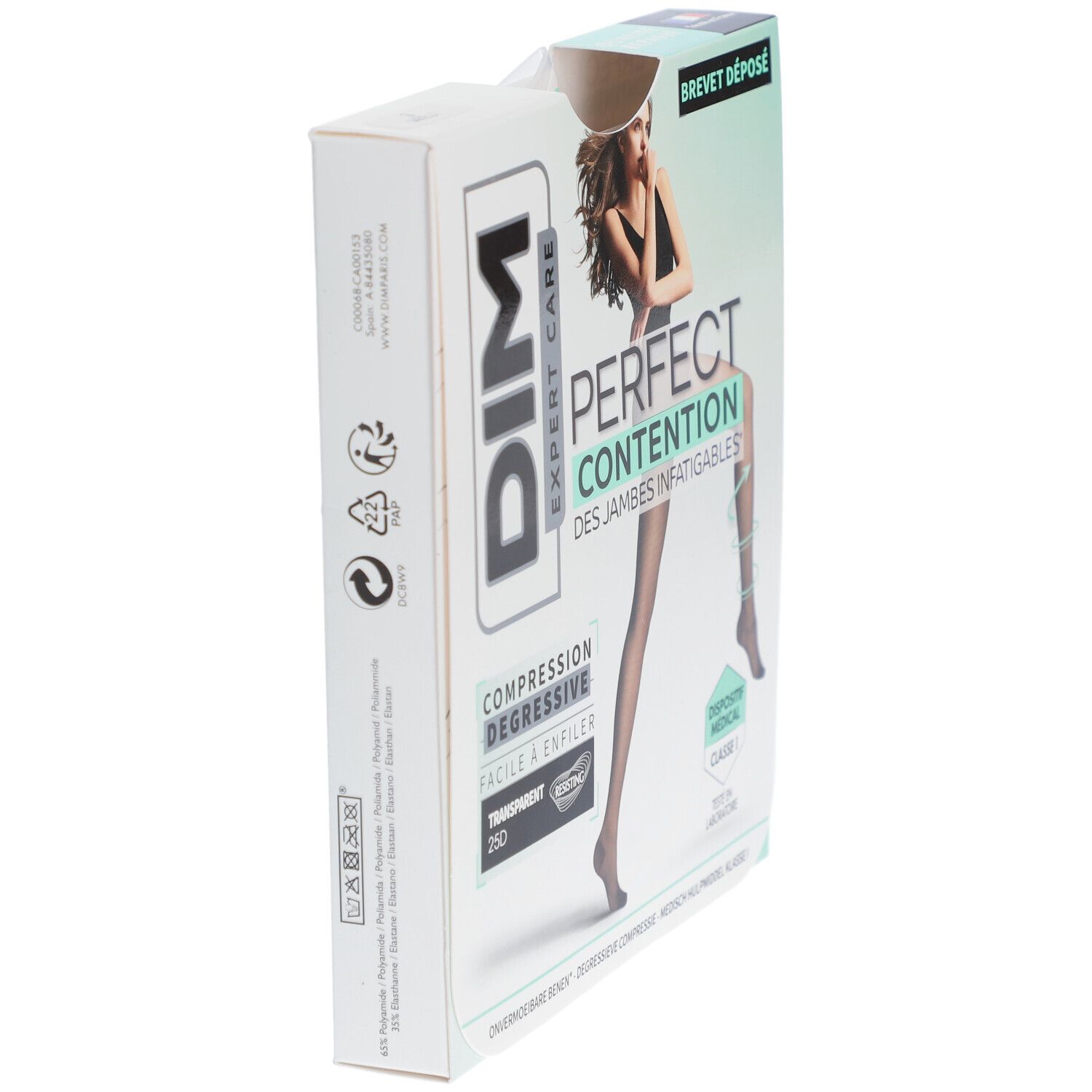 Verpackung von DIM Expert Care Strumpfhose. Seitenansicht. Aufdrucke: Perfect Contention, transparente 25D.