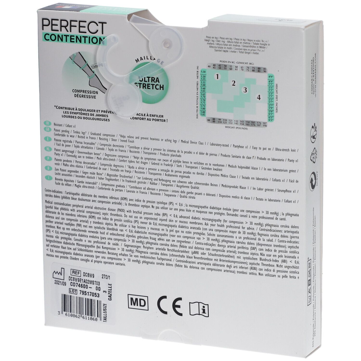 Rückseite der DIM Expert Care Strumpfhosenverpackung. Text und Diagramme. Medizinische Informationen.