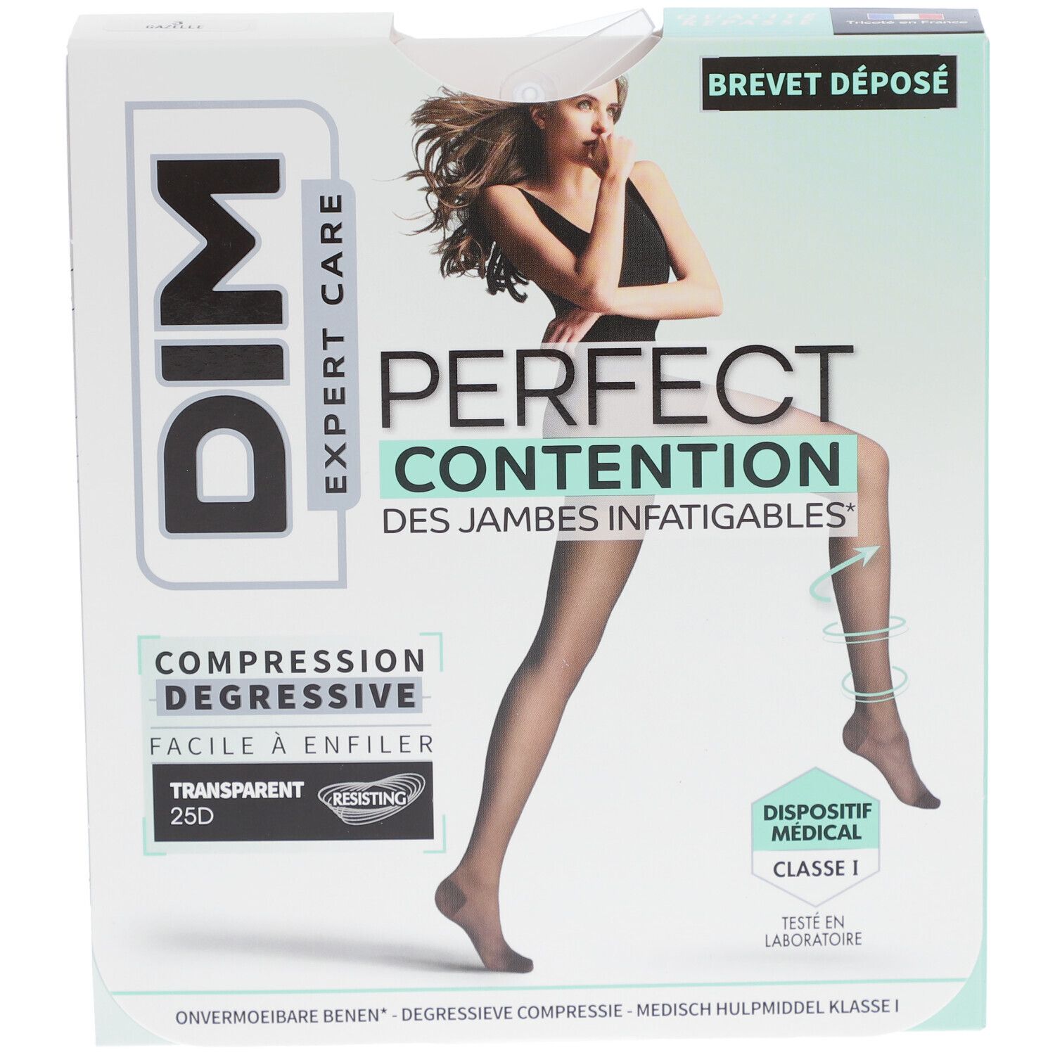 Verpackung mit DIM Expert Care Strumpfhose. Aufdrucke: Perfect Contention, transparente 25D, medizinische Klasse 1.
