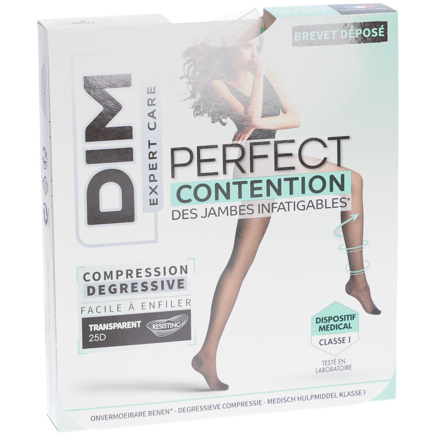Verpackung mit DIM Expert Care Strumpfhose. Aufdrucke: Perfect Contention, transparente 25D, medizinische Klasse 1.