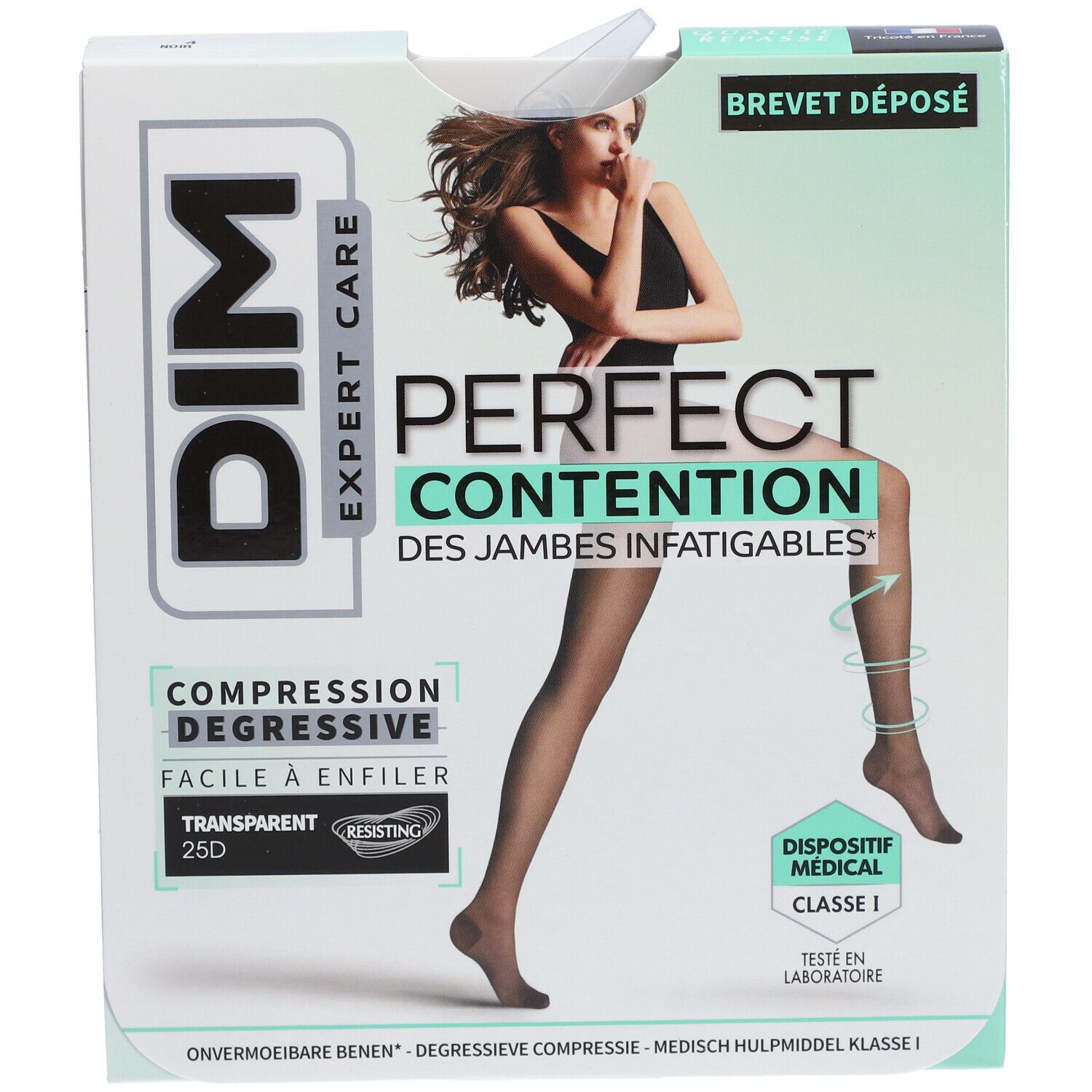Boîte de DIM COLL PERFECT Transpirant NOIR T4. Inscriptions: DIM, PERFECT CONTENTION, compression dégressive, transparent, dispositif médical.