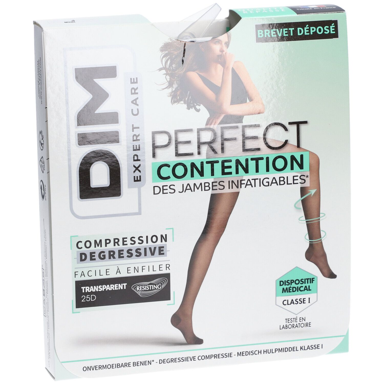 Boîte de DIM COLL PERFECT Transpirant NOIR T4. Inscriptions: DIM, PERFECT CONTENTION, compression dégressive, transparent, dispositif médical.