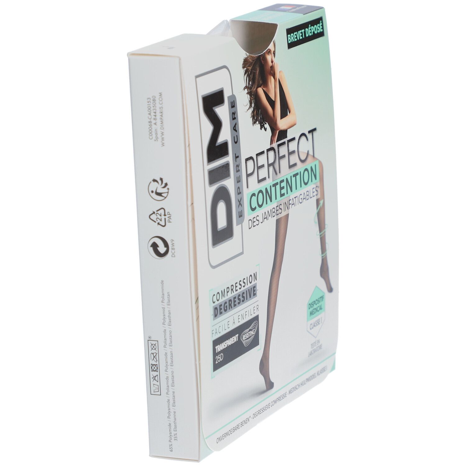 Boîte de collants DIM PERFECT CONTENTION, vue en biais. Dispositif médical classe I.