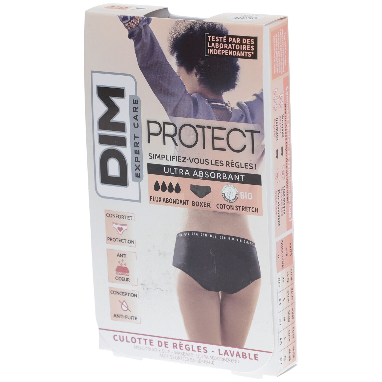 DIM Protect Culotte de règles Lavable - Boxer - Coton bio - Flux Abondant - 48/50