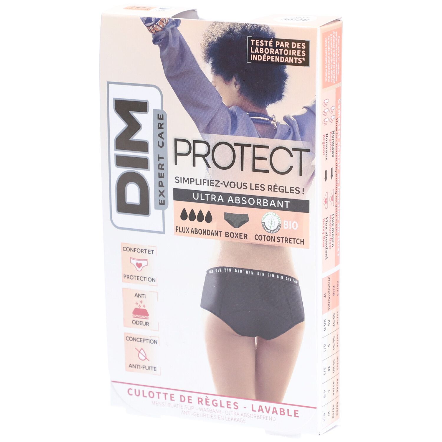 DIM Protect Culotte de règles Lavable - Boxer - Coton bio - Flux Abondant - 36/38