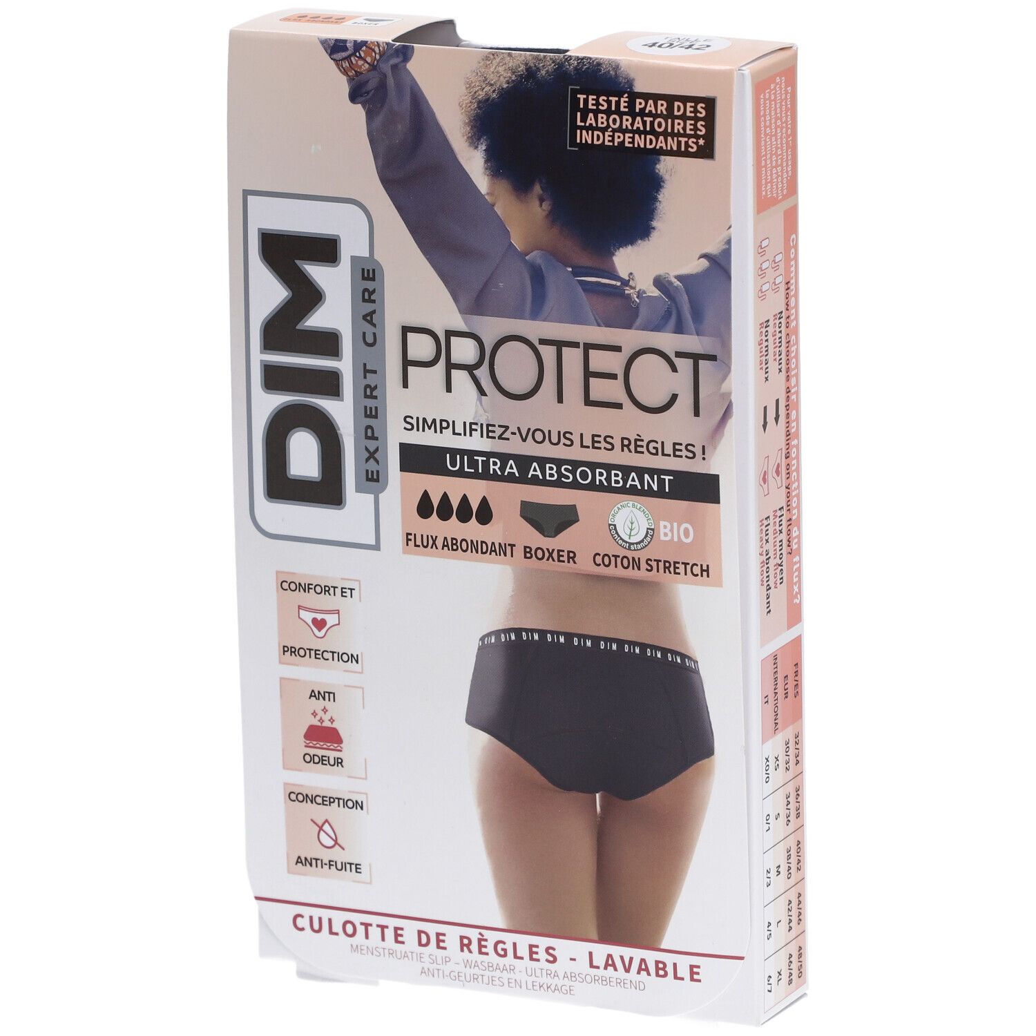 DIM Protect Culotte de règles Lavable - Boxer - Coton bio - Flux Abondant - 40/42
