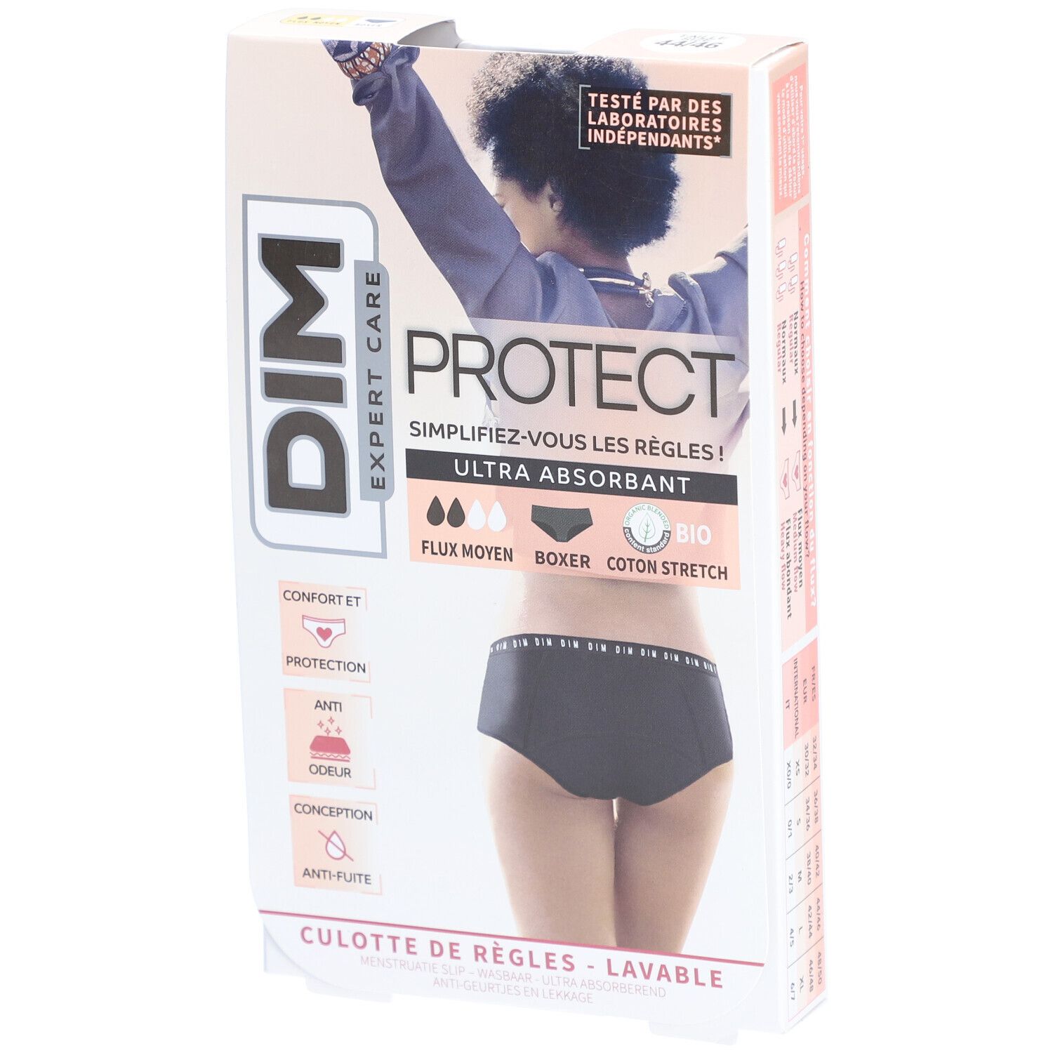 DIM Protect Culotte de règles Lavable - Boxer - Coton bio - Flux Moyen - 44/46