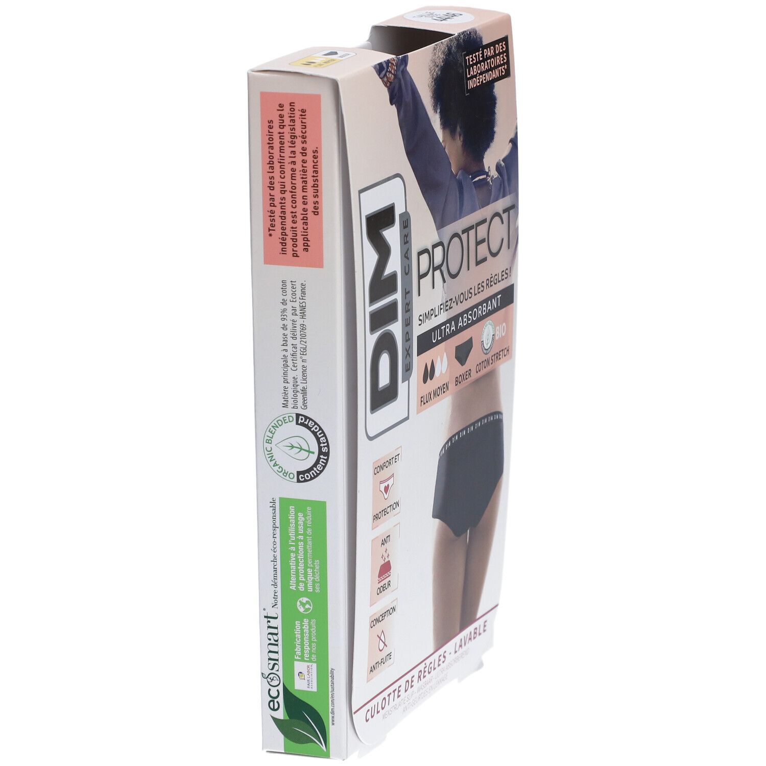 Vue latérale boîte DIM Protect Boxer. Texte: Ultra absorbant, Bio. Éco-label. Testé par laboratoires indépendants.