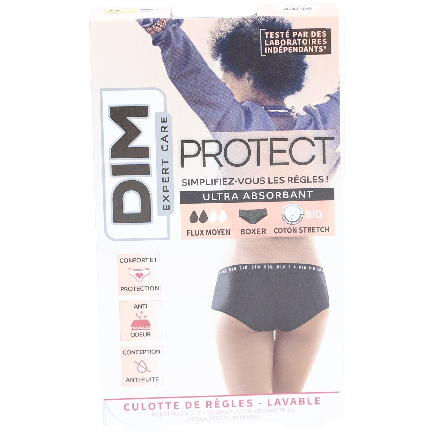 Boîte DIM Protect Boxer. Culotte noire. Texte: Ultra absorbant, Bio. Flux moyen. Coton.