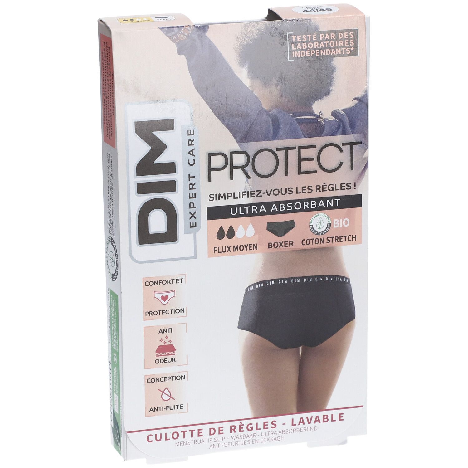 Boîte DIM Protect Boxer. Culotte noire. Texte: Ultra absorbant, Bio. Flux moyen. Coton. Taille 44/46.