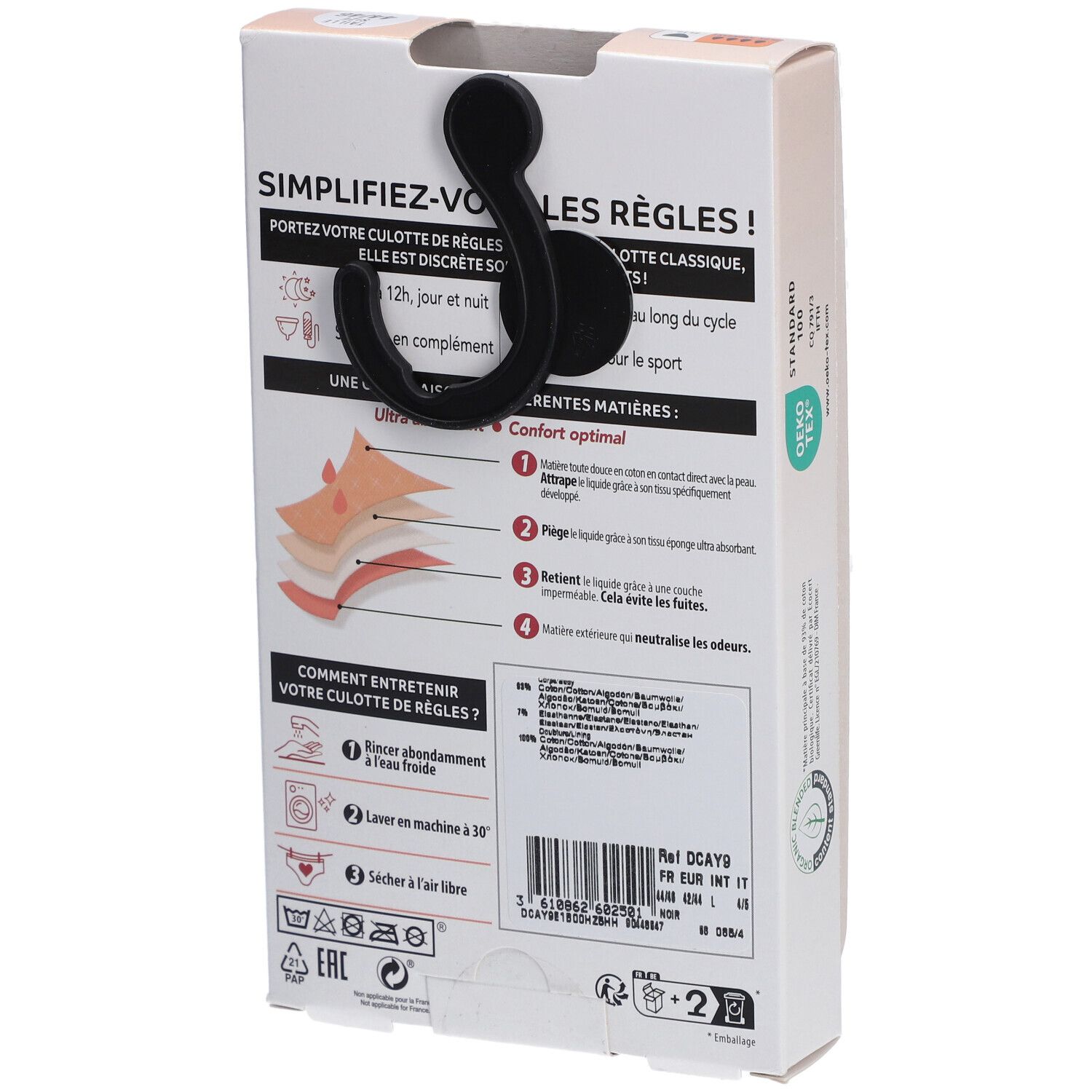 Rückseite der Verpackung. Informationen zur Pflege und Materialien. Haken zum Aufhängen. DIM Protect.