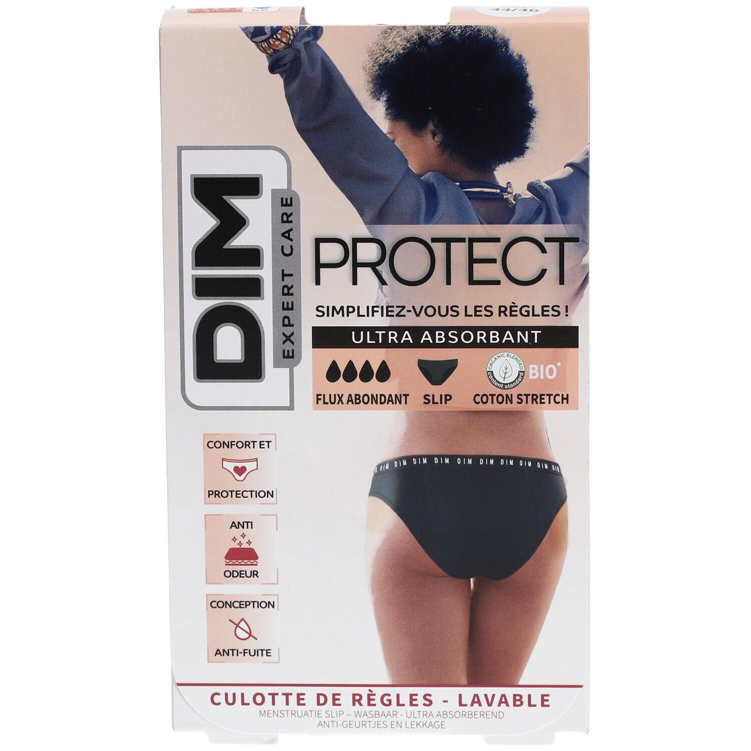 Verpackung mit schwarzem Slip. Aufschrift: DIM Protect, Ultra-Absorbant, Bio-Baumwolle. Abbildung einer Frau.