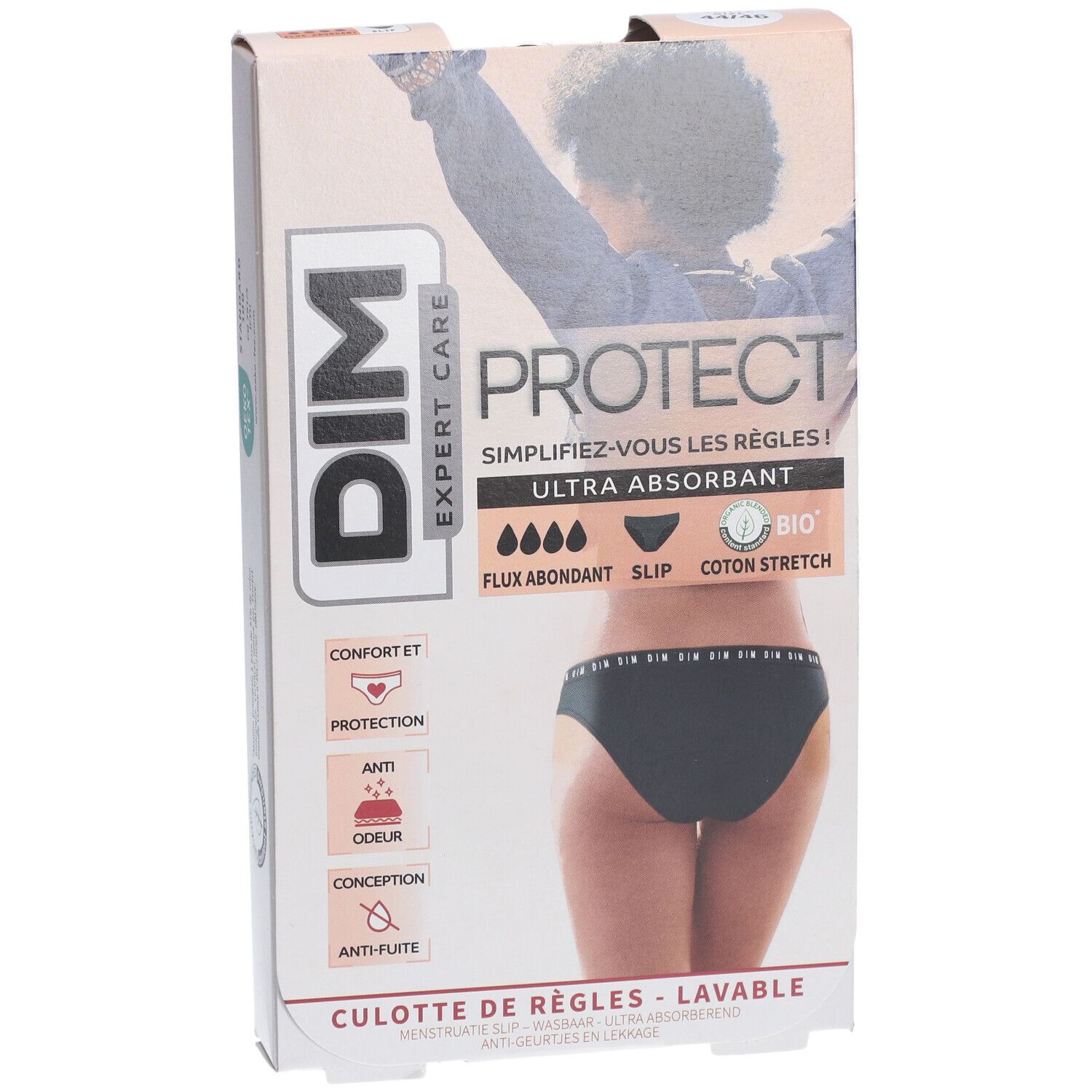 Verpackung mit schwarzem Slip. Aufschrift: DIM Protect, Ultra-Absorbant, Bio-Baumwolle. Abbildung einer Frau.