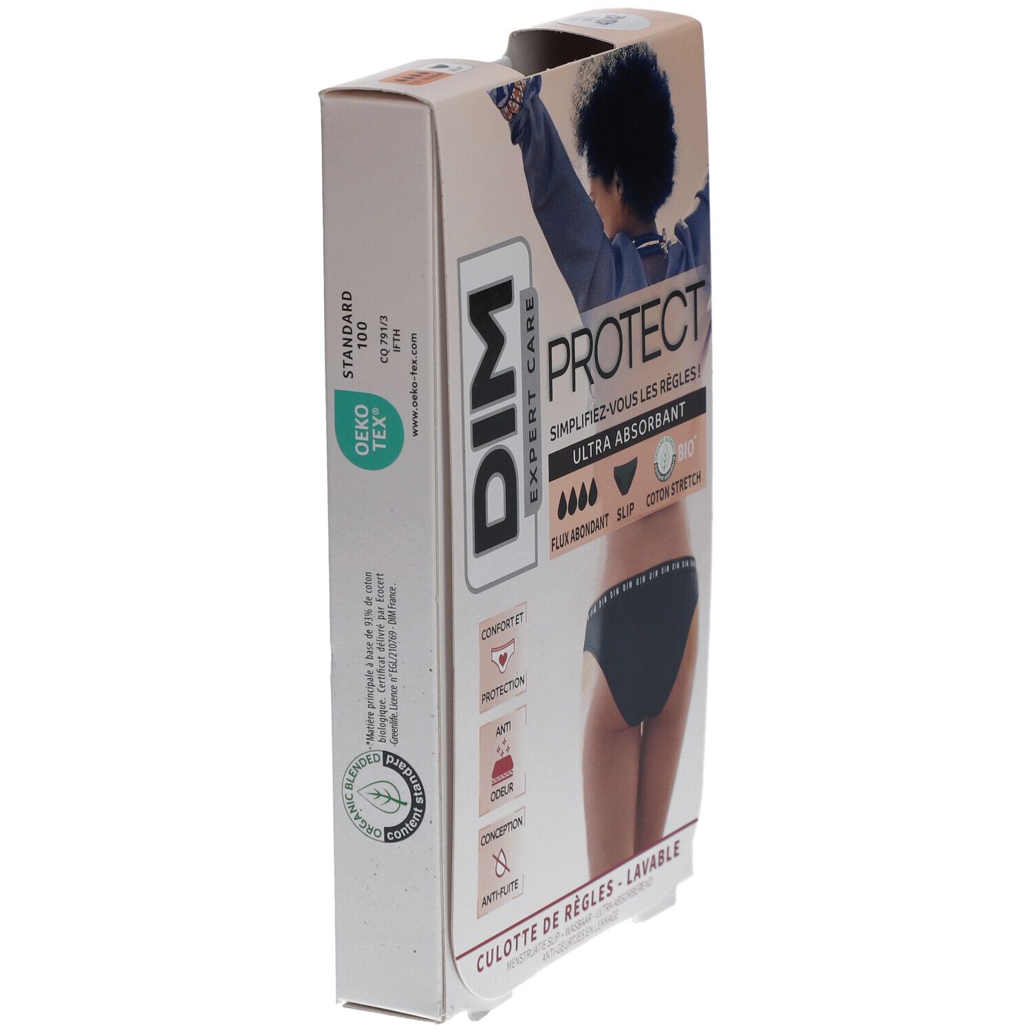 Boîte DIM Protect. Côté avec texte et logo. Certification Deko-Tex Standard 100. Logo coton bio.