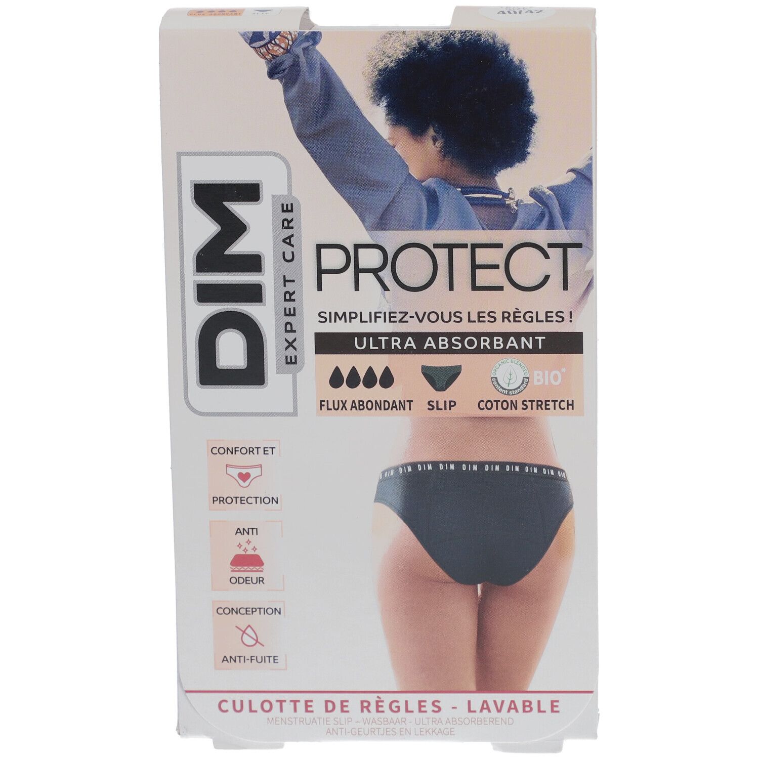 Boîte DIM Protect. Vue de face avec image du produit. Texte: Ultra absorbant, coton bio. Logo DIM.