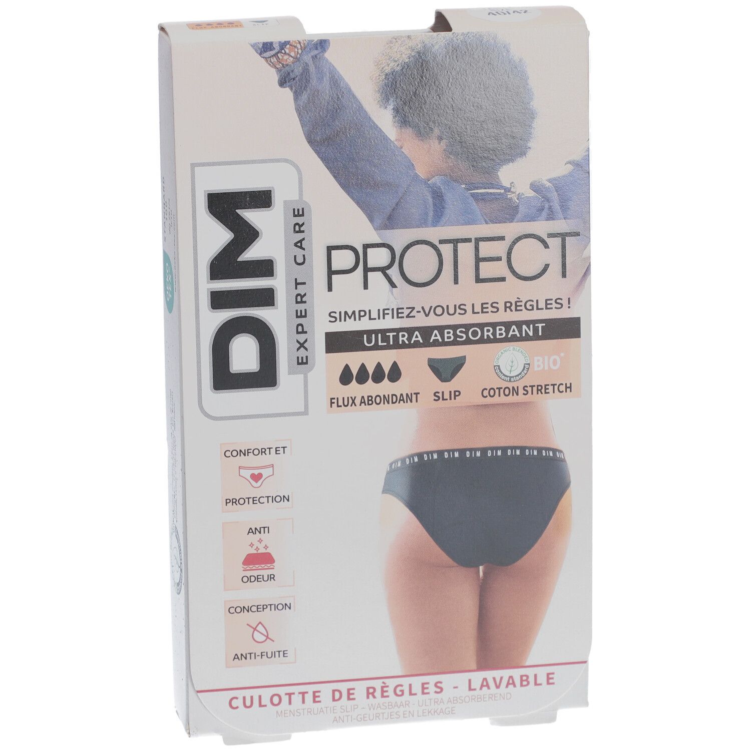 Boîte DIM Protect. Vue de face avec image du produit. Texte: Ultra absorbant, coton bio. Logo DIM.