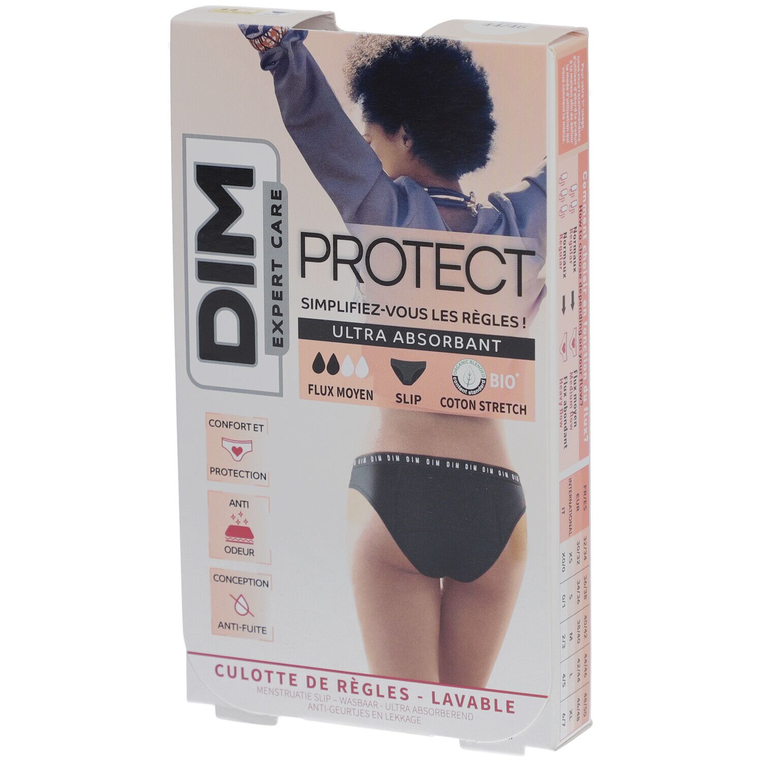 DIM Protect Culotte de règles Lavable - Slip - Coton bio - Flux Moyen - 44/46