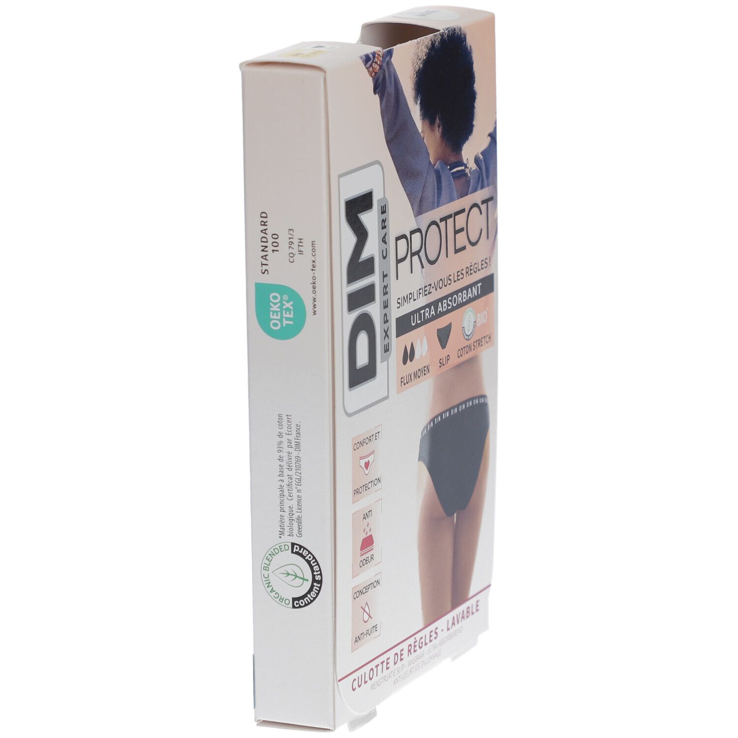 Verpackung DIM Protect Menstruationsslip. Seite mit Text und Zertifizierungen. Geotex-Zertifizierung. Schwarzer Slip abgebildet.