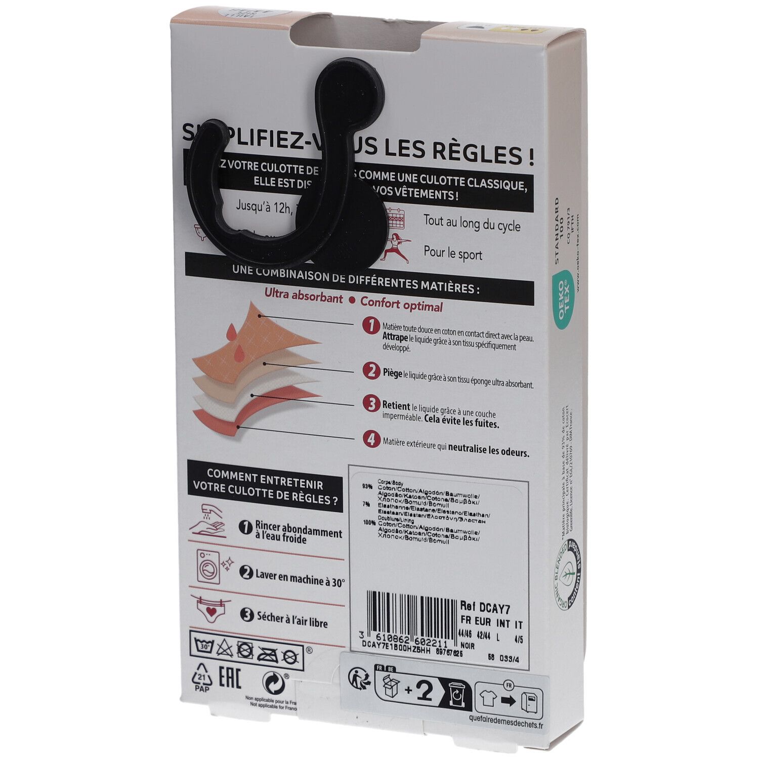 Rückseite der Verpackung DIM Protect. Informationen zur Verwendung und Pflege. Waschsymbole. Größenangaben.