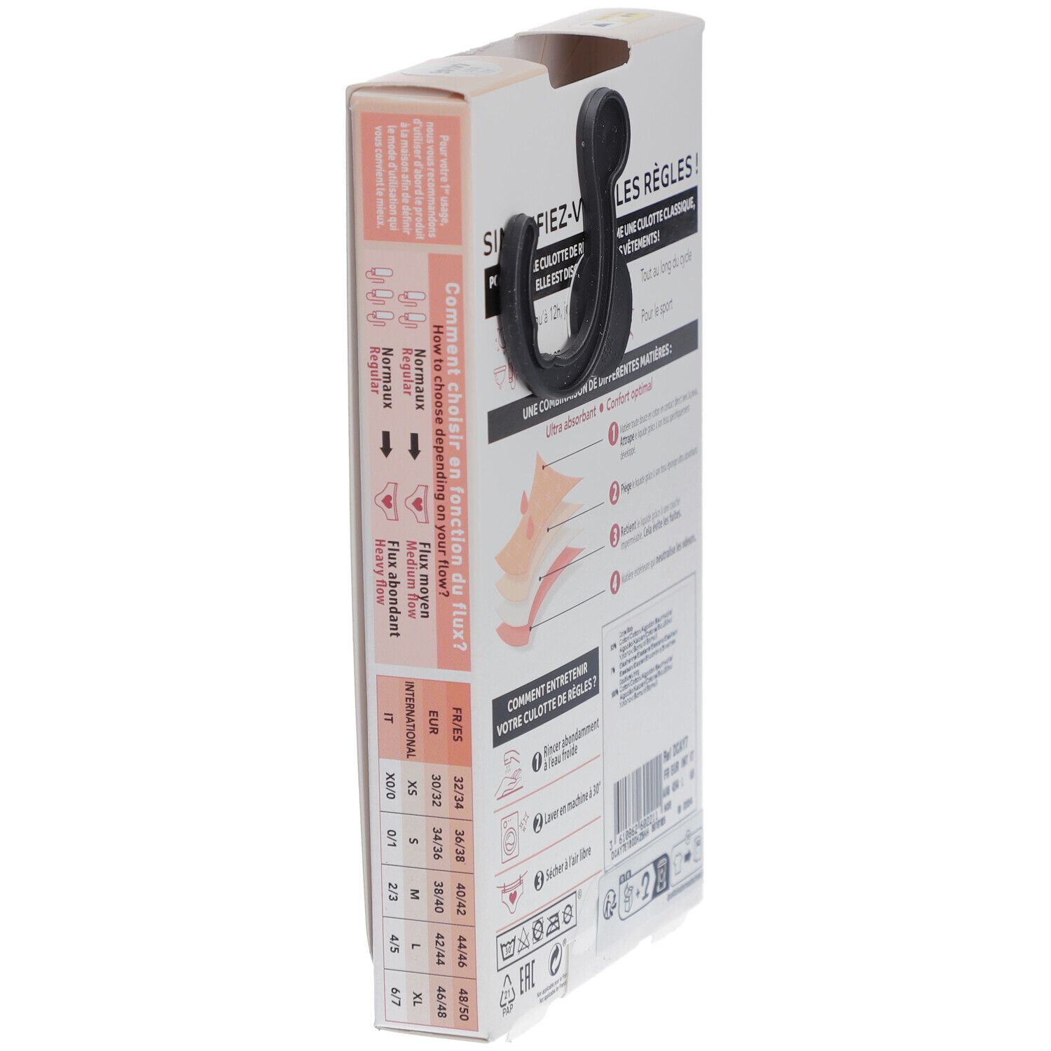 Verpackung DIM Protect. Seite mit Größenangaben. Größen von XS bis XXL. Schwarzer Slip abgebildet.