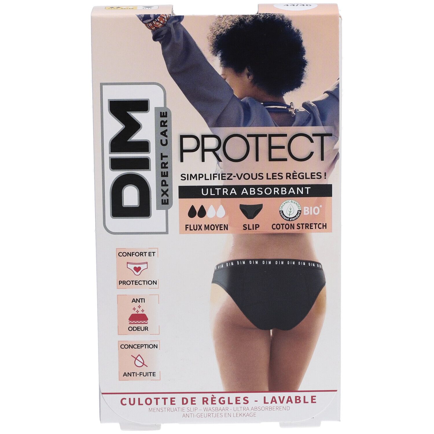 Verpackung DIM Protect Menstruationsslip. Schwarzer Slip abgebildet. Text: Ultra absorbierend, Bio-Baumwolle. Größe 44/46.