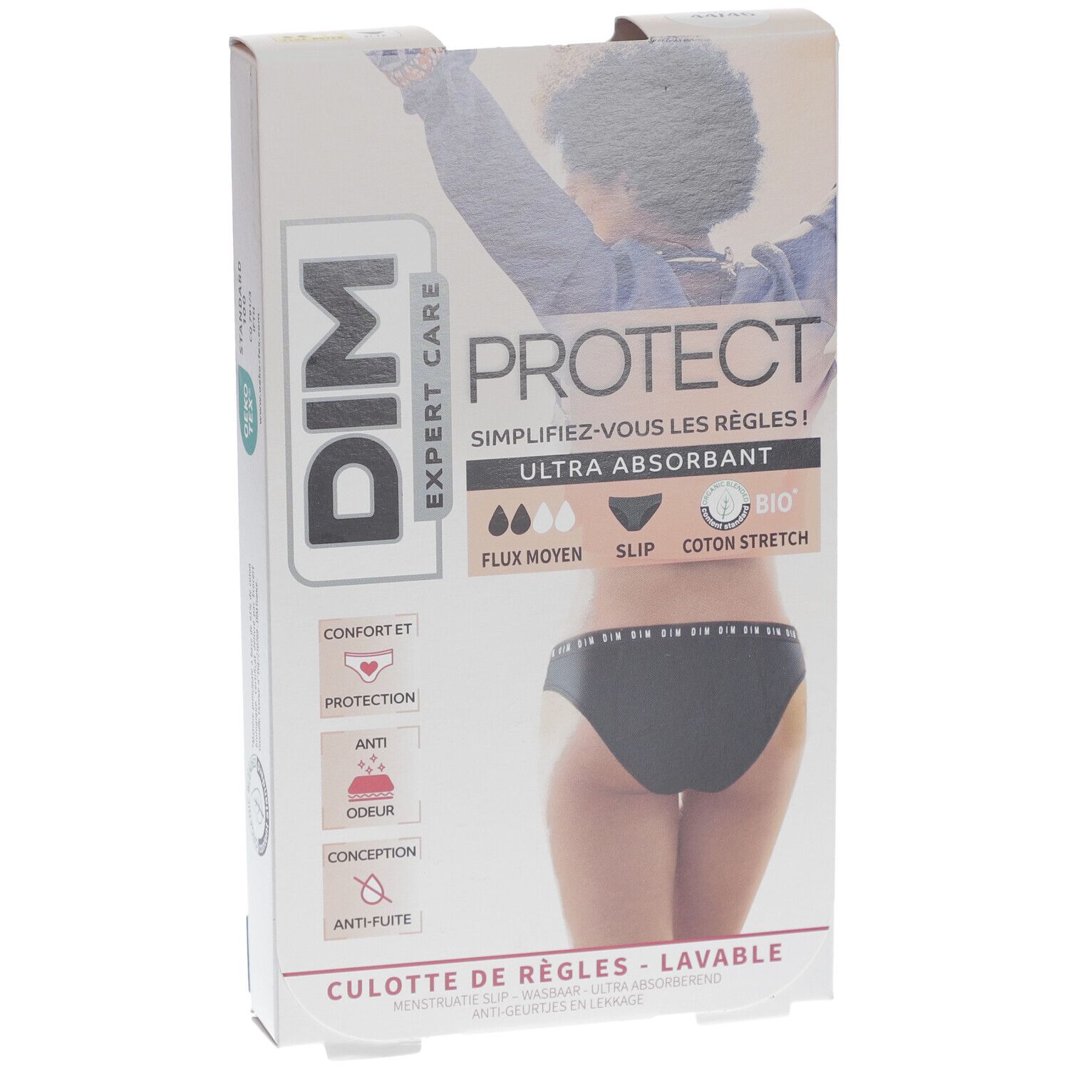 Verpackung DIM Protect Menstruationsslip. Schwarzer Slip abgebildet. Text: Ultra absorbierend, Bio-Baumwolle. Größe 44/46.