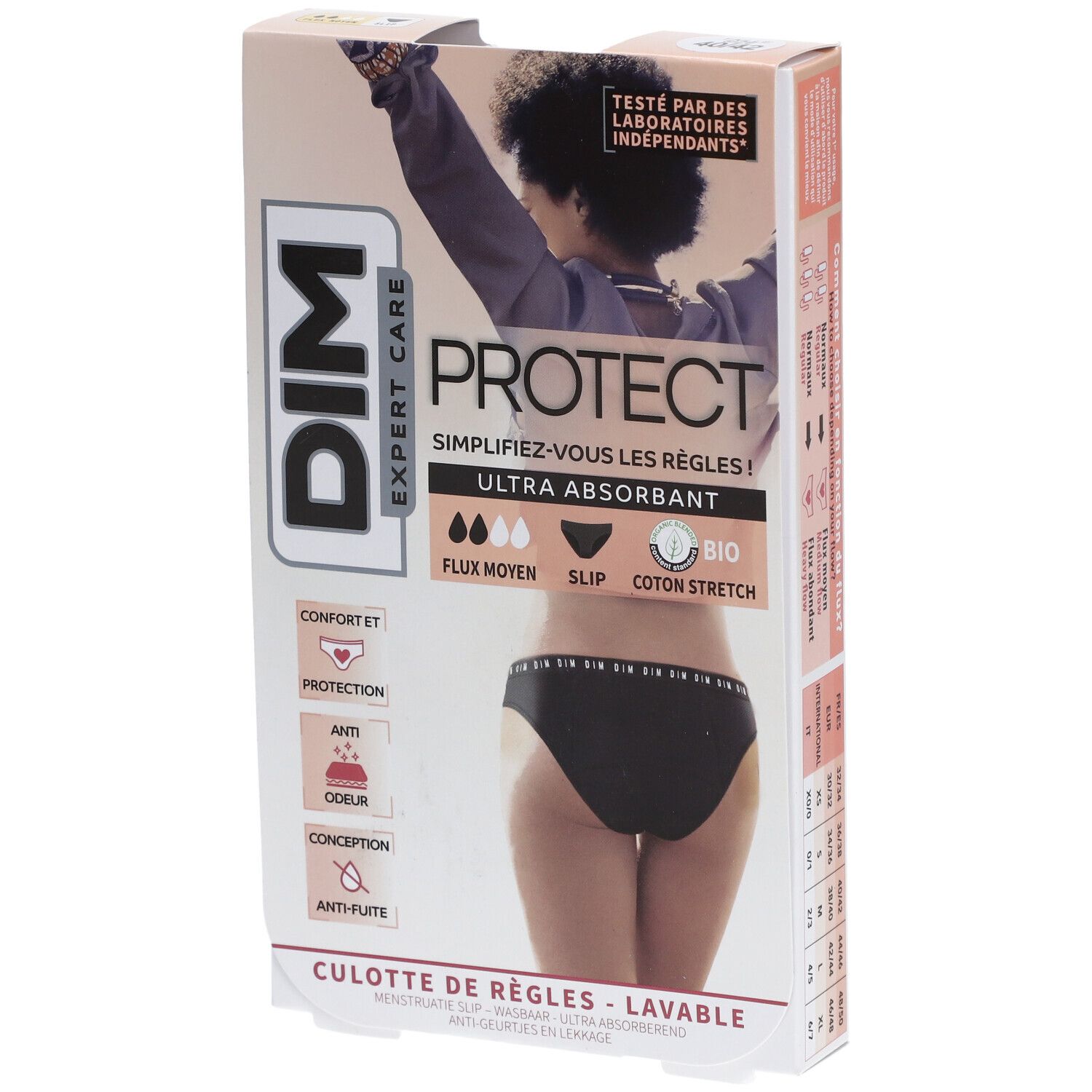 DIM Protect Culotte de règles Lavable - Slip - Coton bio - Flux Moyen - 40/42
