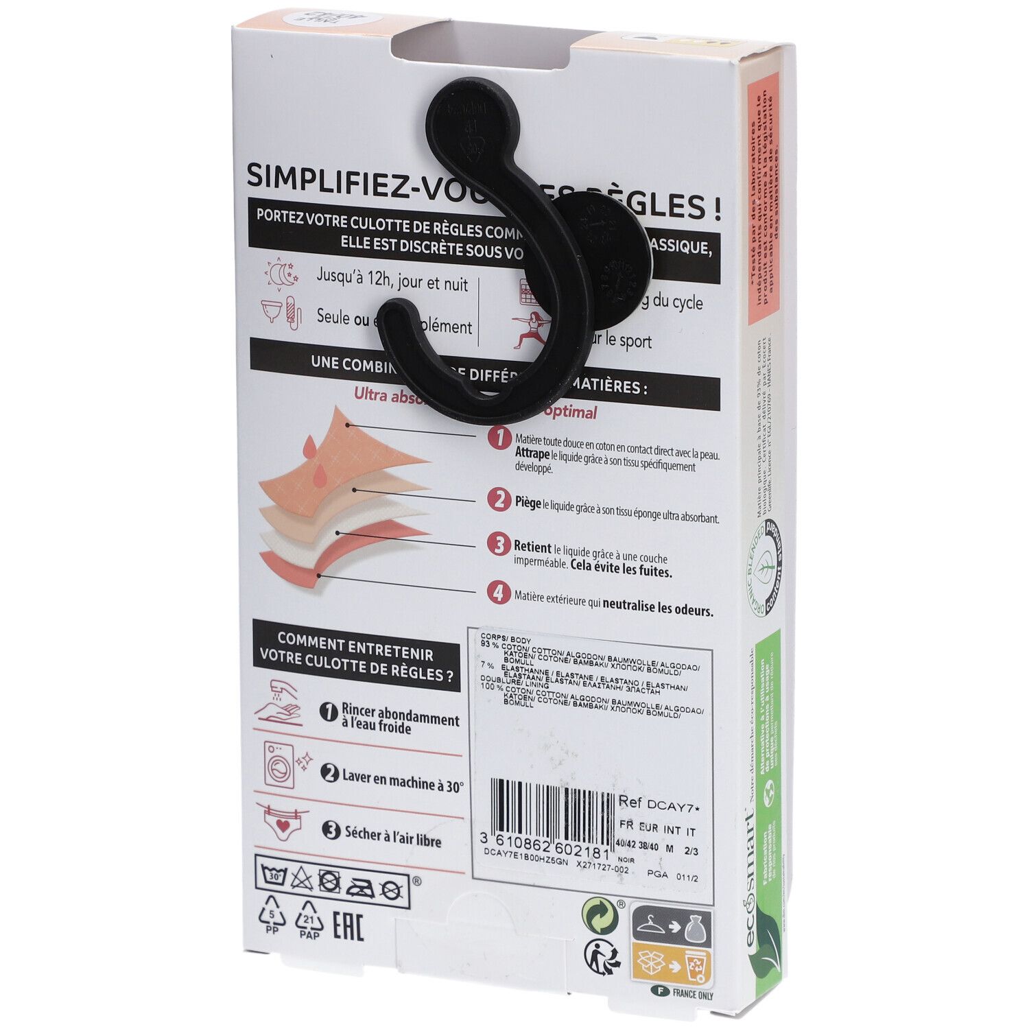 Rückseite der Verpackung. Informationen zur Verwendung und Pflege des Slips. Waschbar, bis zu 12 Stunden Schutz.