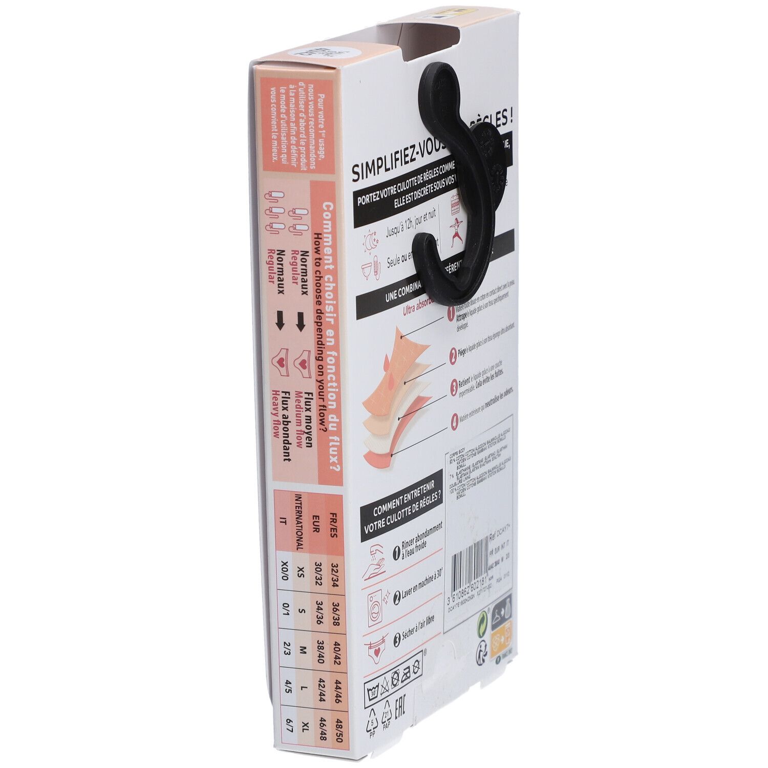 Verpackung, Seitenansicht. Größentabelle für den Slip. Waschbar, mittlerer Fluss, Bio-Baumwolle.
