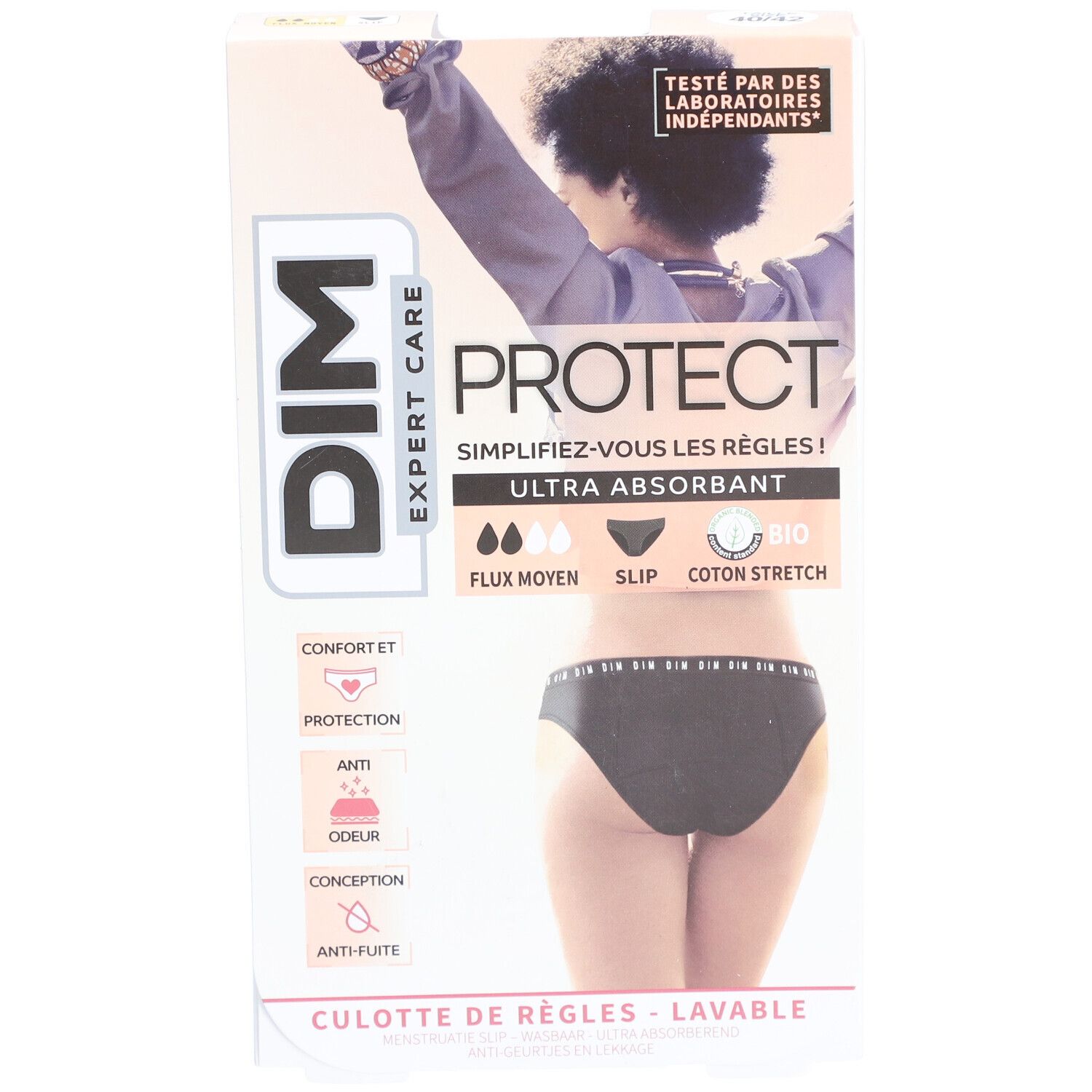 Verpackung mit schwarzem Slip. DIM Expert Care Protect, ultra absorbierend, mittlerer Fluss, Bio-Baumwolle. Waschbar.