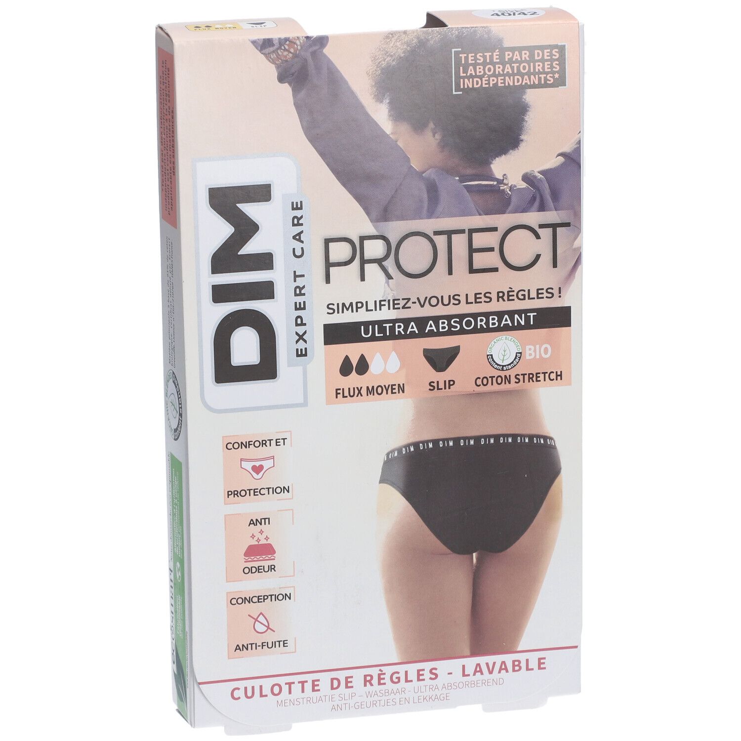 Verpackung mit schwarzem Slip. DIM Expert Care Protect, ultra absorbierend, mittlerer Fluss, Bio-Baumwolle. Waschbar.