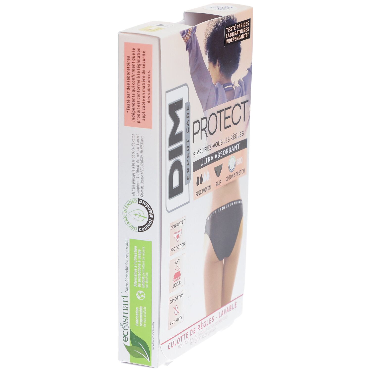 Verpackung von DIM Protect Menstruationsslip. Seitenansicht. Text: DIM Expert Care, Ultra absorbierend, Bio-Baumwolle. Öko-Siegel.