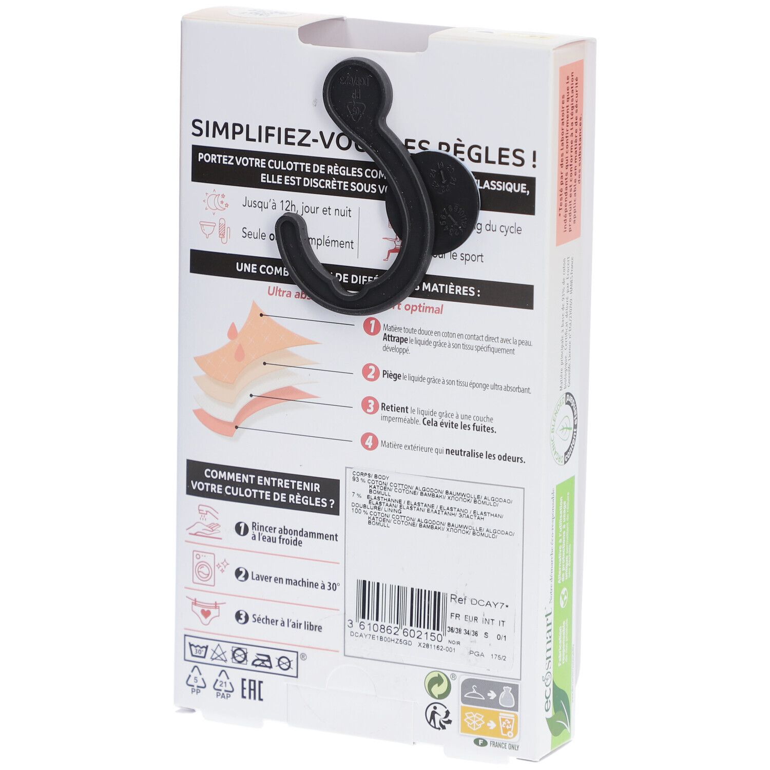 Rückseite der Verpackung von DIM Protect Menstruationsslip. Text: Vereinfachen Sie Ihre Periode! Waschhinweise und Größenangaben.