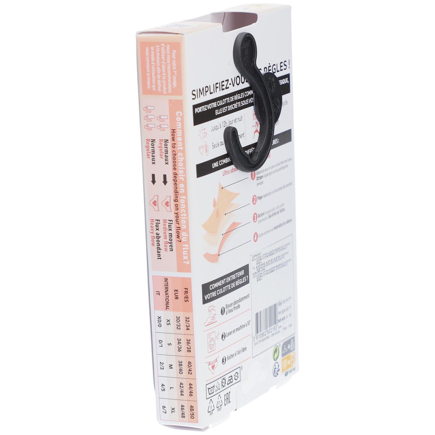 Verpackung von DIM Protect Menstruationsslip. Seitenansicht. Größenangaben und Waschsymbole. Haken zum Aufhängen.