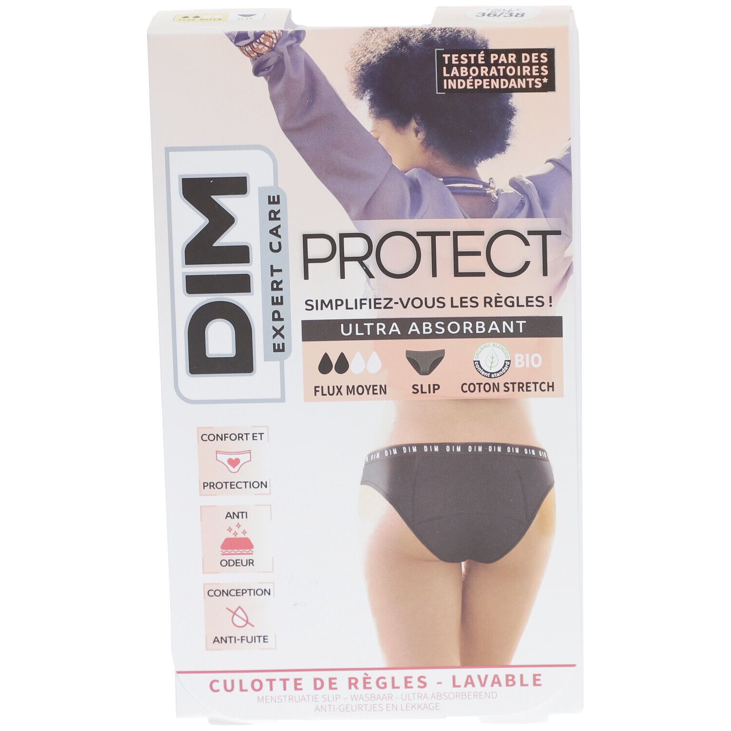 Verpackung mit DIM Protect Menstruationsslip. Schwarzer Slip auf der Verpackung abgebildet. Text: Ultra absorbierend, Bio-Baumwolle.