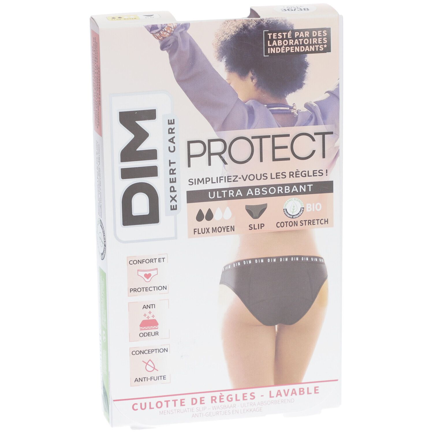 Verpackung mit DIM Protect Menstruationsslip. Schwarzer Slip auf der Verpackung abgebildet. Text: Ultra absorbierend, Bio-Baumwolle.