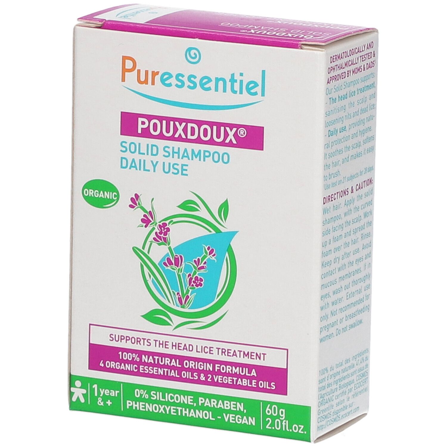 Emballage du produit avec logo et nom. Contient des informations sur les ingrédients et la certification bio.
