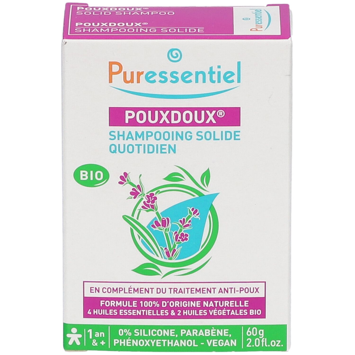 Boîte en carton avec nom et logo du produit. Contient des informations sur les ingrédients et la certification bio.