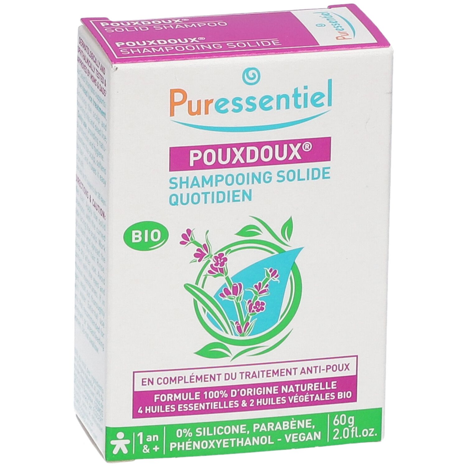 Boîte en carton avec nom et logo du produit. Contient des informations sur les ingrédients et la certification bio.