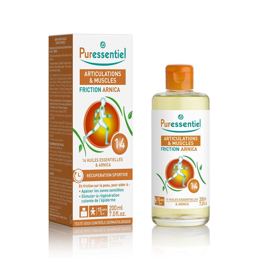 Flasche und Schachtel mit Produkt. Aufschrift: Puressentiel, Articulations & Muscles, Friction Arnica. 14 Huiles essentielles.