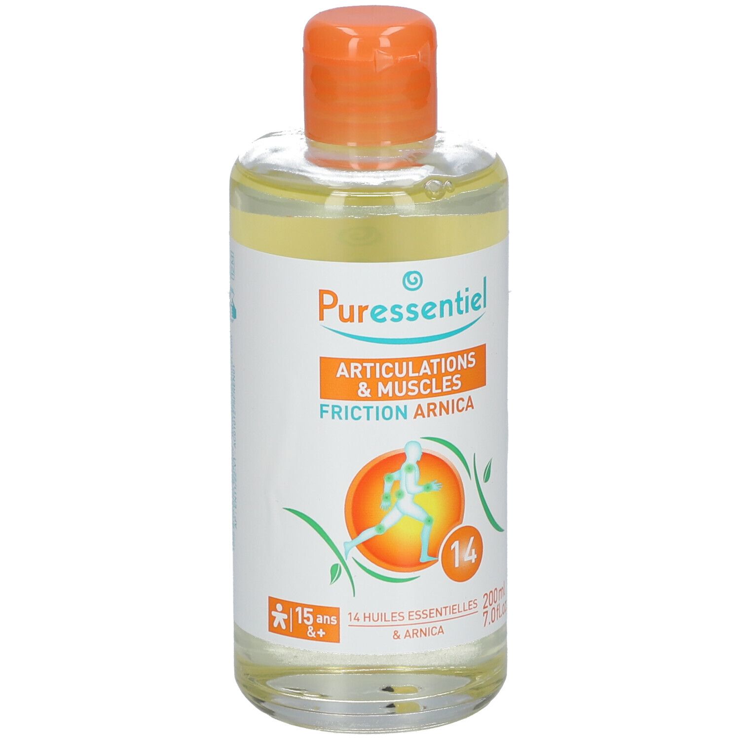 Flasche mit orangefarbenem Verschluss. Etikett mit Produktnamen und Informationen.