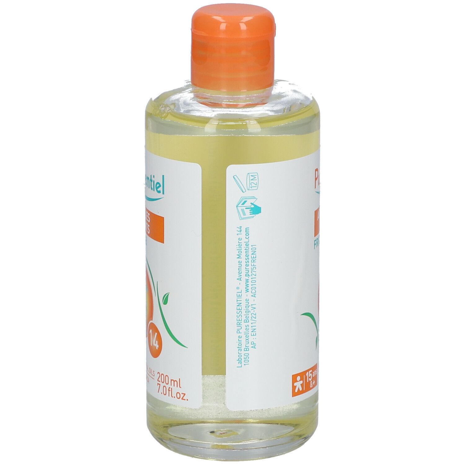 Flasche mit orangefarbenem Verschluss. Etikett mit Produktnamen und Informationen. Rückansicht.