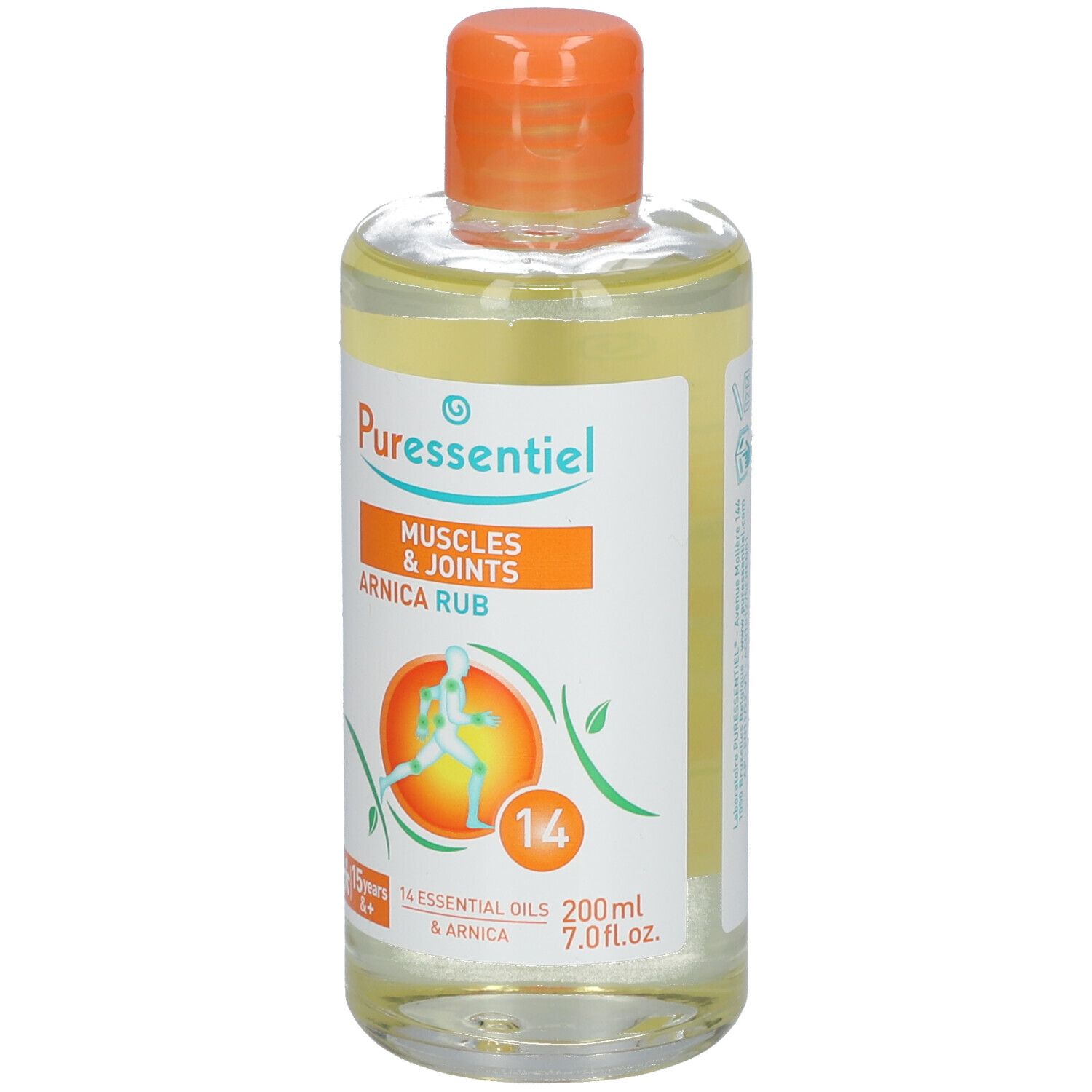 Klarflüssige Flasche mit orangefarbenem Verschluss. Etikett mit Produktnamen und Illustration einer Person.