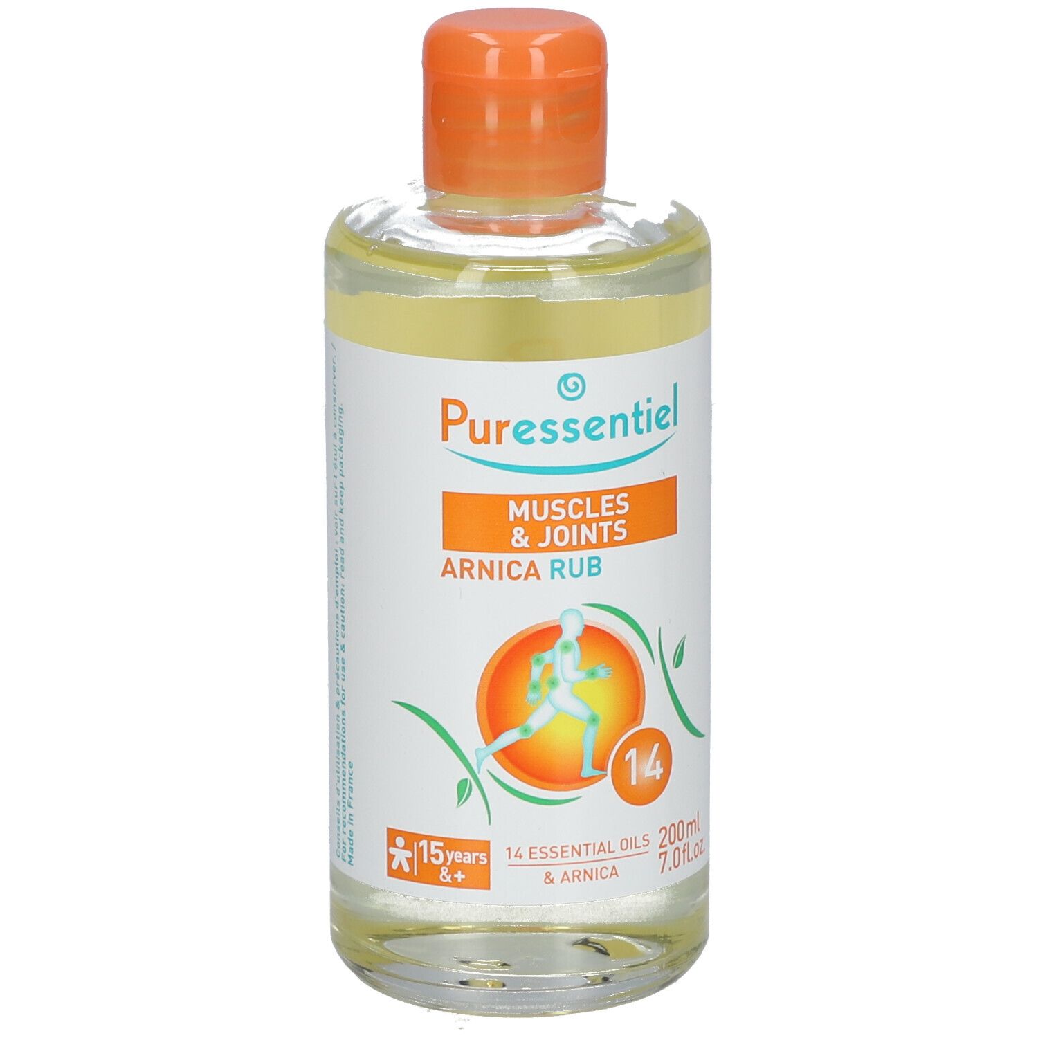 Klarflüssige Flasche mit orangefarbenem Verschluss. Etikett mit Produktnamen und Illustration einer Person.
