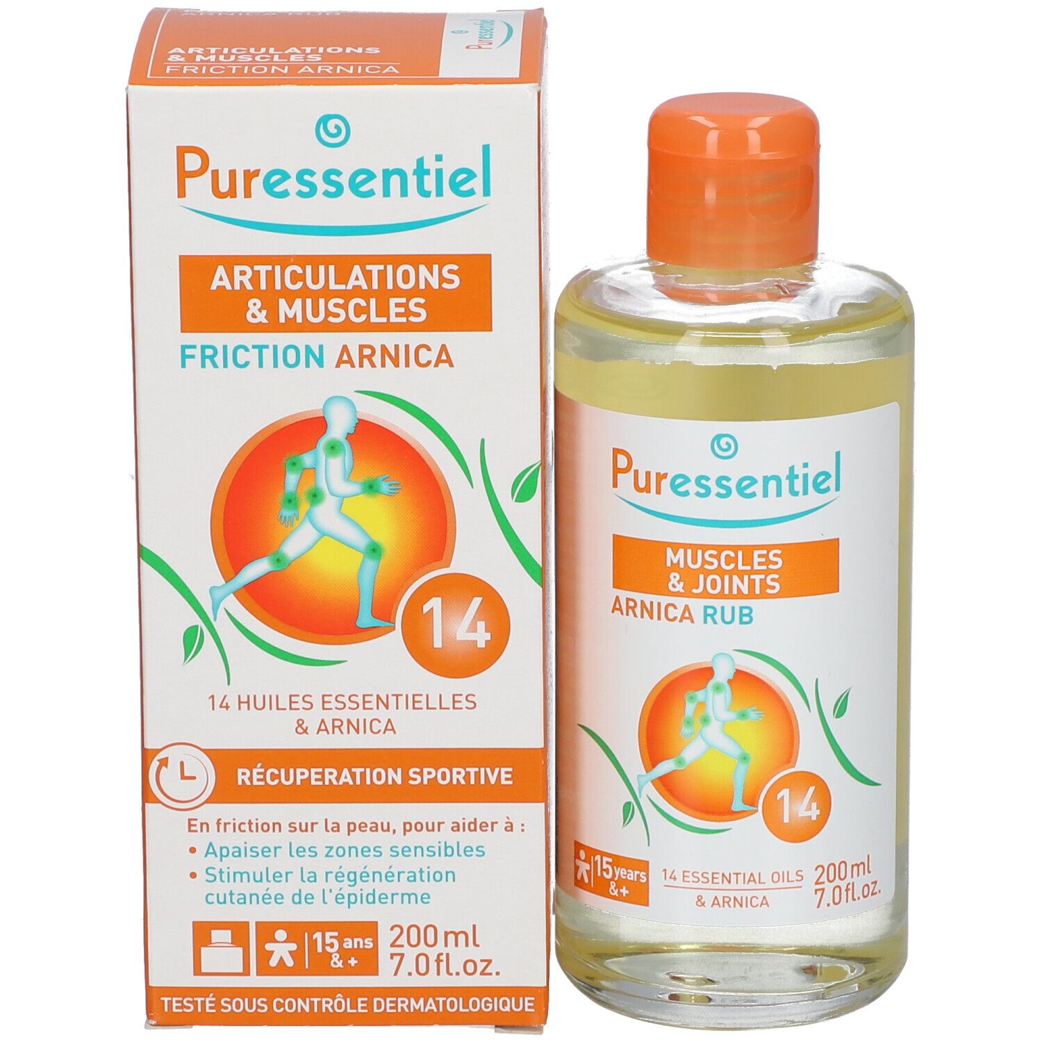 Flasche und Schachtel. Flasche mit orangefarbenem Verschluss. Schachtel mit Produktnamen und Illustration.