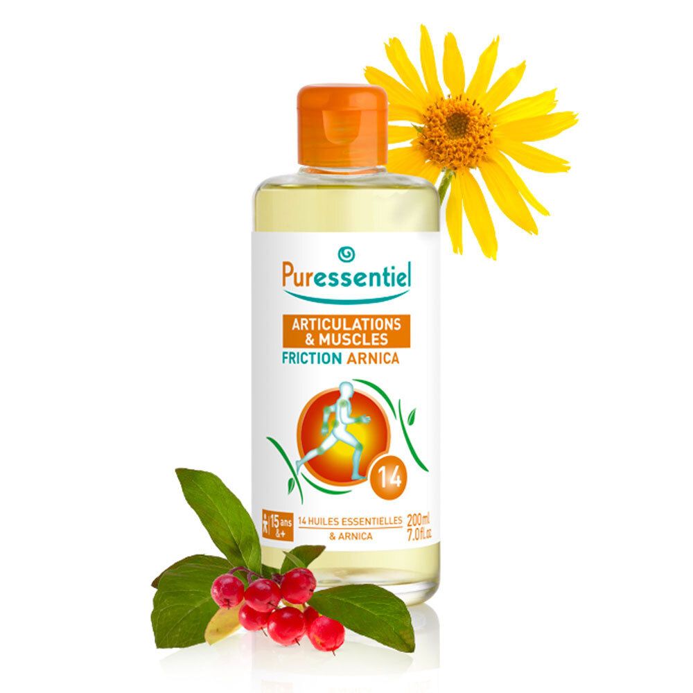 Flasche Puressentiel Friction Arnica. Aufschrift: Articulations & Muscles. Mit gelber Blüte und roten Beeren dekoriert. 200ml.